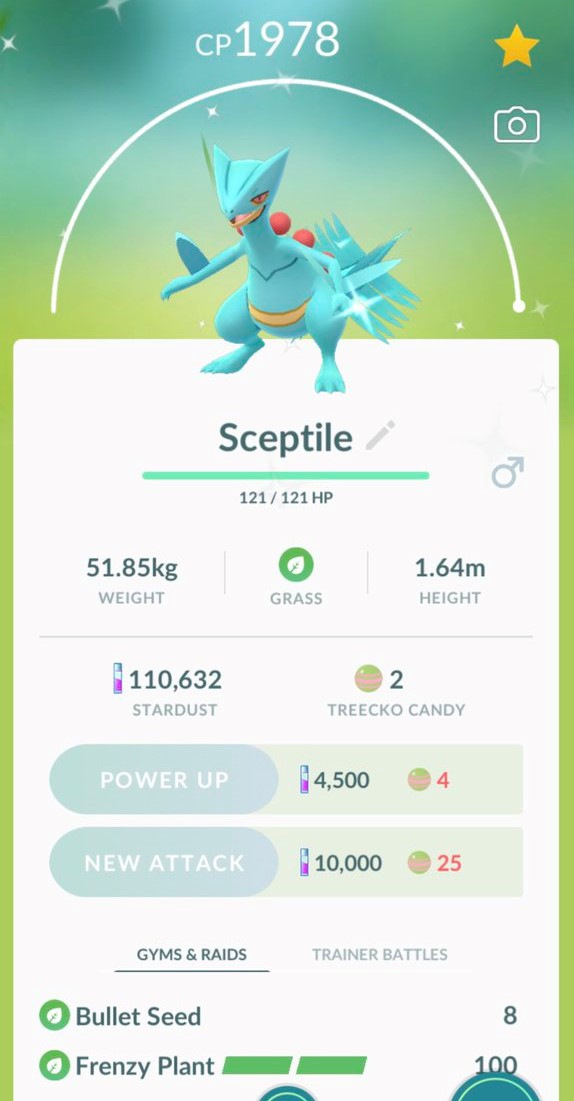 Pokmon GO screenshot of Shiny Sceptile with the Pokmon GO Community Day  exclusive move Frenzy Plant | Pokmon Blog
