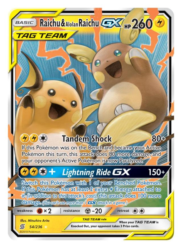 New TAG TEAM Pokmon-GX cards Raichu & Alolan Raichu-GX, Mewtwo & Mew-GX,  Slowpoke & Psyduck-GX, Rowlet & Alolan Exeggutor-GX, Garchomp & Giratina-GX,  Espeon & Deoxys-GX, Mega Sableye & Tyranitar-GX, and Umbreon &
