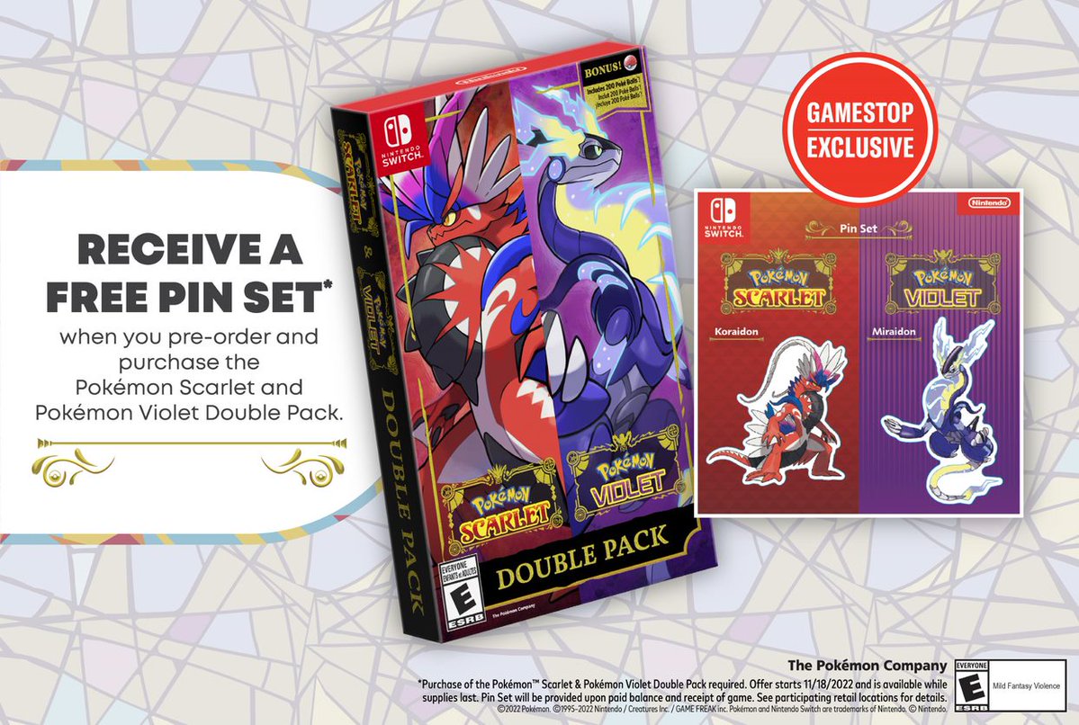 You can now pre-order and purchase the Pokmon Scarlet and Pokmon Violet double pack at GameStop to receive an exclusive pin set featuring Koraidon and Miraidon for free | Pokmon Blog You can now pre-order and purchase the Pokmon Scarlet and Pokmon Violet double pack at GameStop to receive an exclusive pin set featuring Koraidon and Miraidon for free | Pokmon Blog