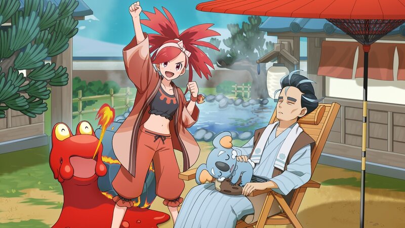 Pokémon Masters EX adds Costume Event Pasio Hot Spring Fever starring Larry (Special Costume 2) & Komala and Flannery (Special Costume) & Magcargo, Larry Costume Scout also underway