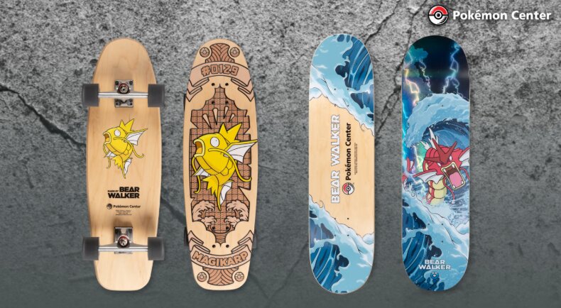 Shiny Magikarp and Shiny Gyarados skateboards now available at Pokémon Center